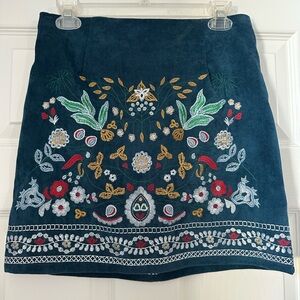 SHEIN Blue Corduroy Embroidered Floral Mini Skirt